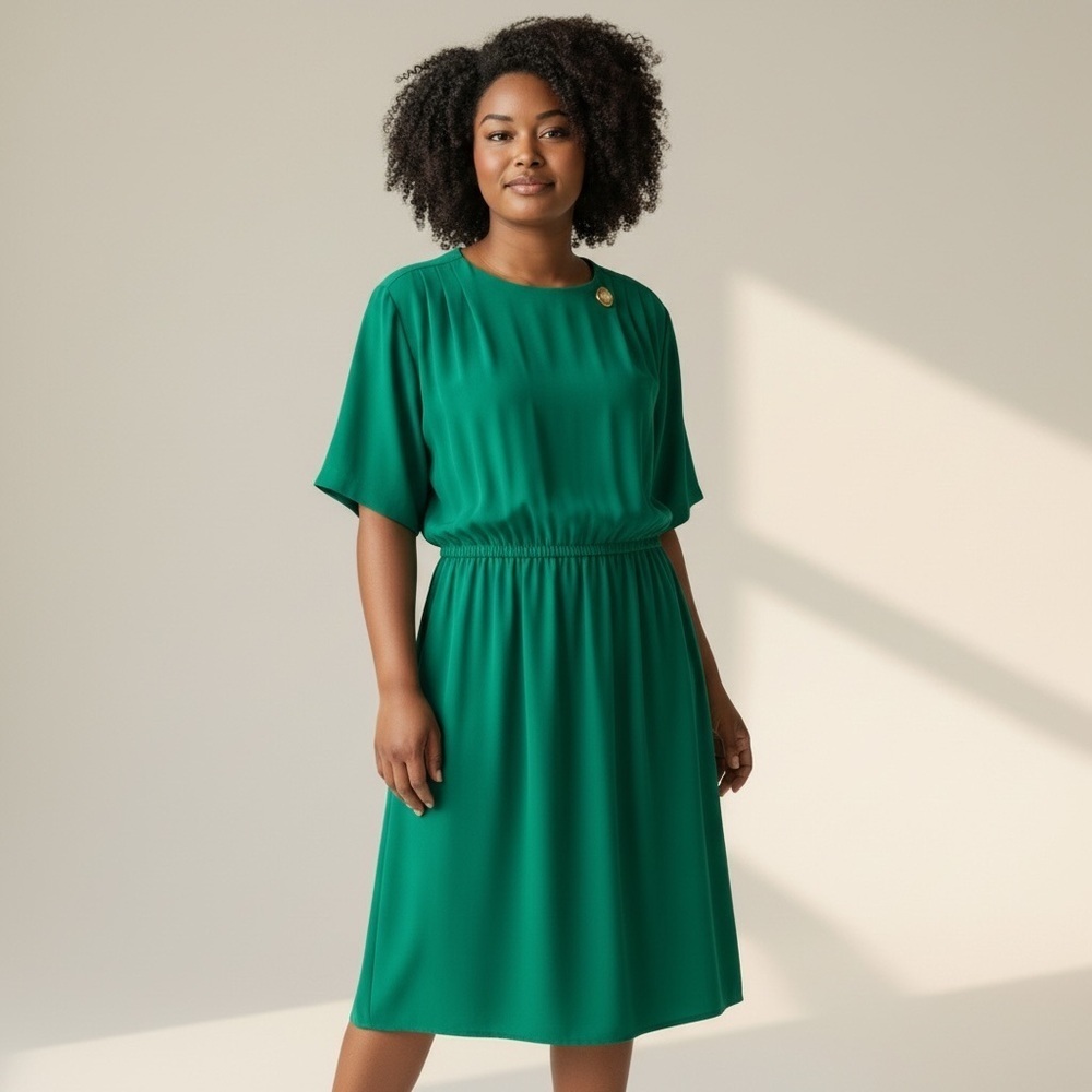 Vintage MSClaus Emerald Green Pleated Waist Midi Dress Size 12 Minimalist